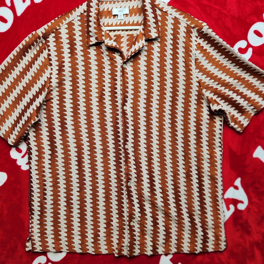NEXT Mens 2XL Textured Knit Button Front Shirt Brown Cream Geometric Retro Camp